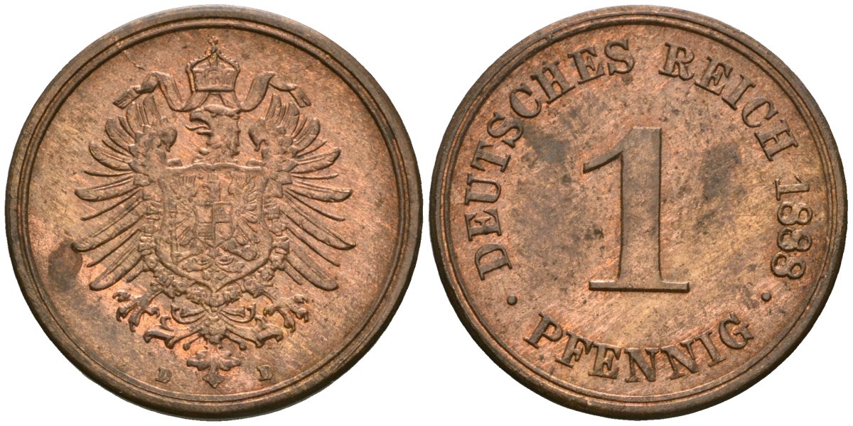 Германия 1 пфенниг 1888 D, Вильгельм I (1871-1888) KM 1, J. 1 медь aUNC 1525-144