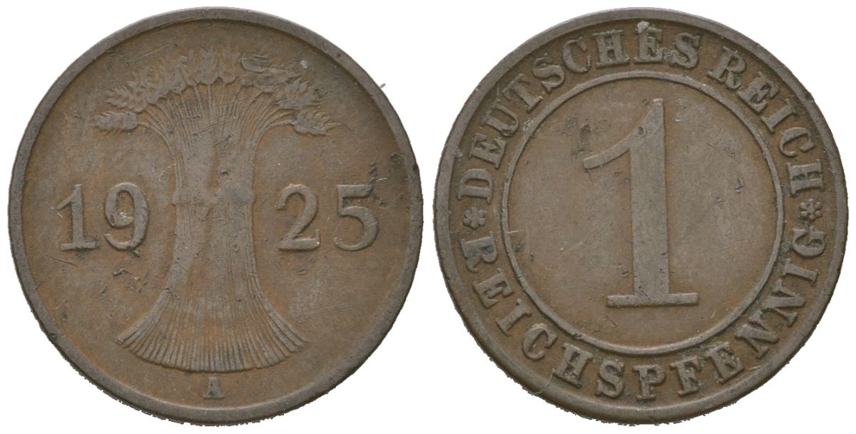 Германия 1 рейхспфенниг 1925 A KM 37, J. 313 бронза 4615-231