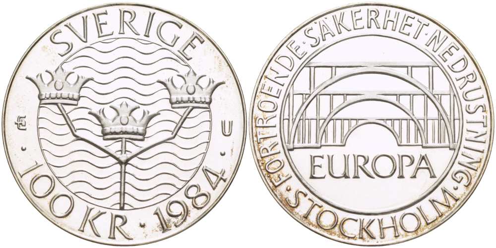 Швеция 100 крон 1984 Карл XVI Густав (1973- ), Стокгольмская конференция KM 863 серебро BUNC 413-945