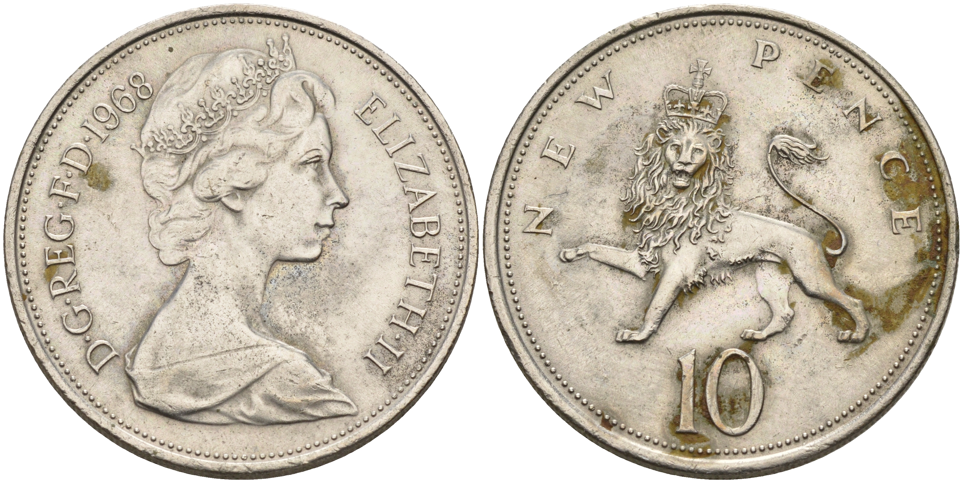 Великобритания 10 пенсов 1968 Елизавета II (1952-2022) KM 912, Spink 4231 (F1) медно-никель 4599-1122