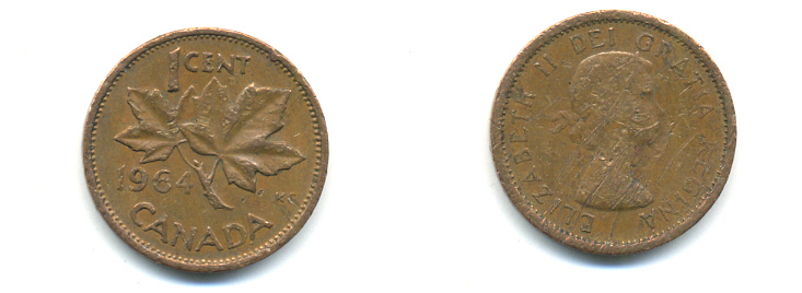Канада 1 цент 1964 Елизавета II (1952-2022), кленовый лист KM 49 бронза 177-1329