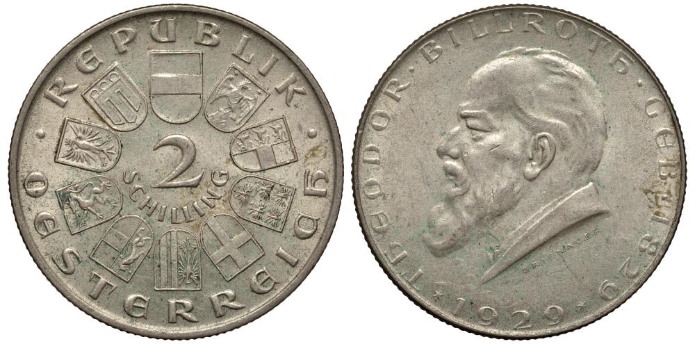 Австрия 2 шиллинга 1929 100 лет со дня рождения Теодора Бильрота KM 2844 серебро 413-3022