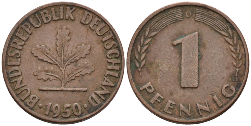 ФРГ 1 ПФЕННИГ 1950 D KM 105, J.380 сталь плакированная медью 4567-861