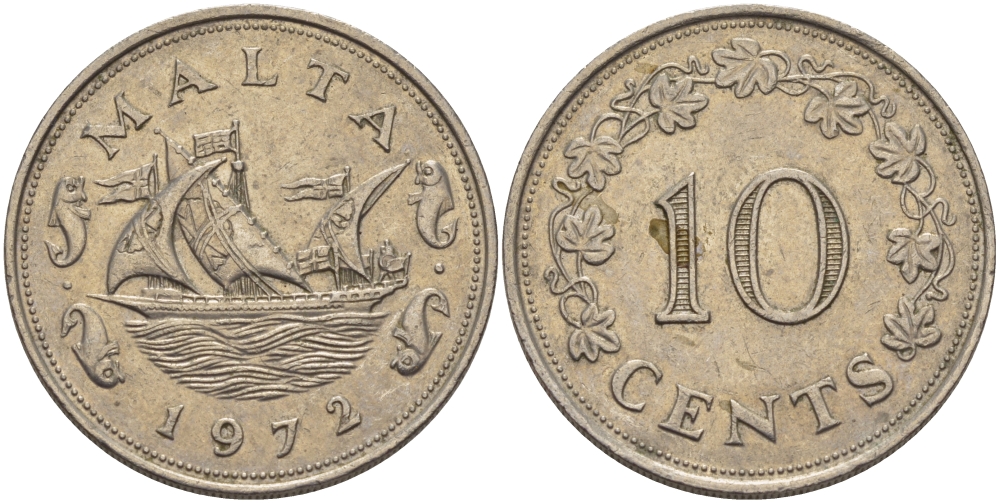Мальта 10 центов 1972 баржа Великого магистра KM 11 медно-никель 82-532