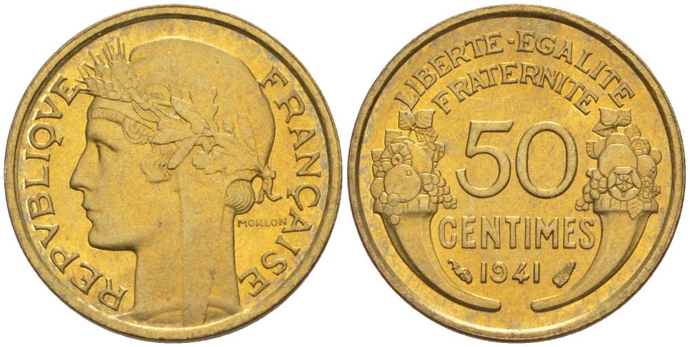 Франция 50 сантимов 1941 тип Морлон KM 894.1, Le Franc 192.18 алюминиевая бронза 44-411