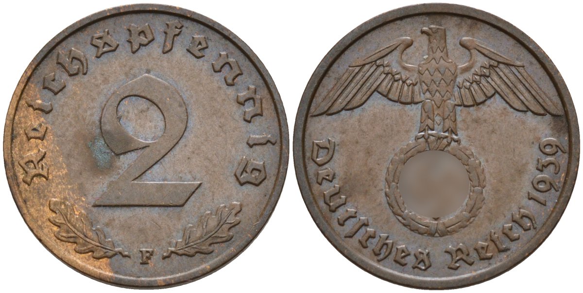 Германия 2 рейхспфеннига 1939 F KM 90, J. 362 бронза 4151-147