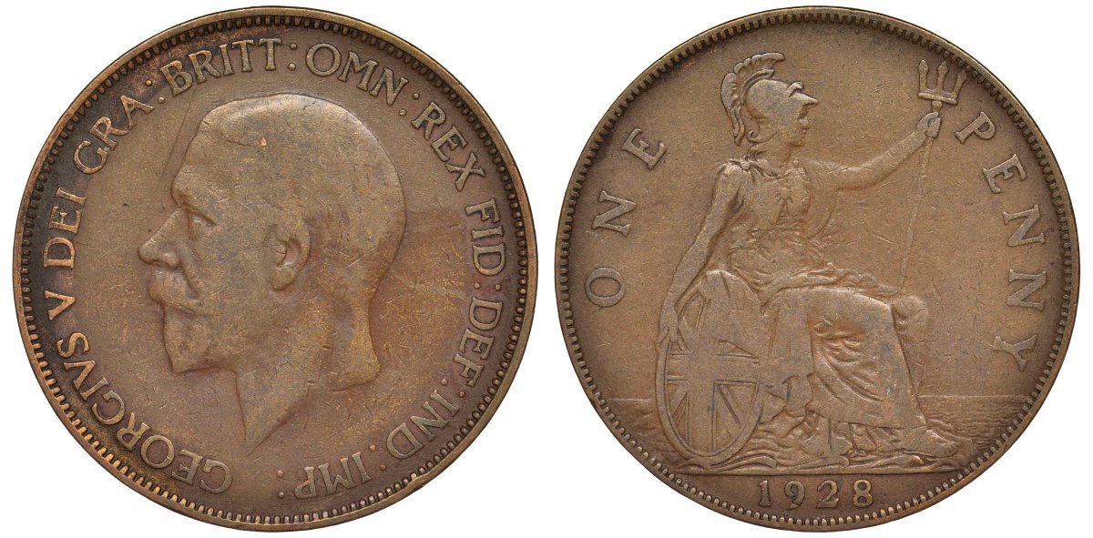 Великобритания 1 пенни 1928 Георг V (1910-1936) KM 838, Spink 4055 бронза 4123-1024