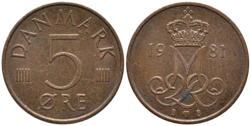 ДАНИЯ 5 ЭРЕ 1981 B; B, МАРГРЕТЕ II (1972-) KM 859.2 железо плакированное медью 116-146