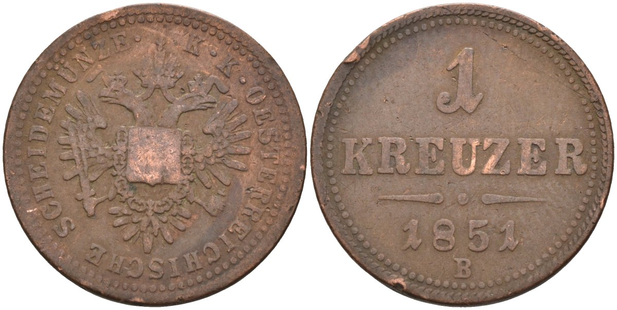 Австрия 1 крейцер 1851 B, Франц Иосиф I (1848-1916) KM 2185 медь 4586-445