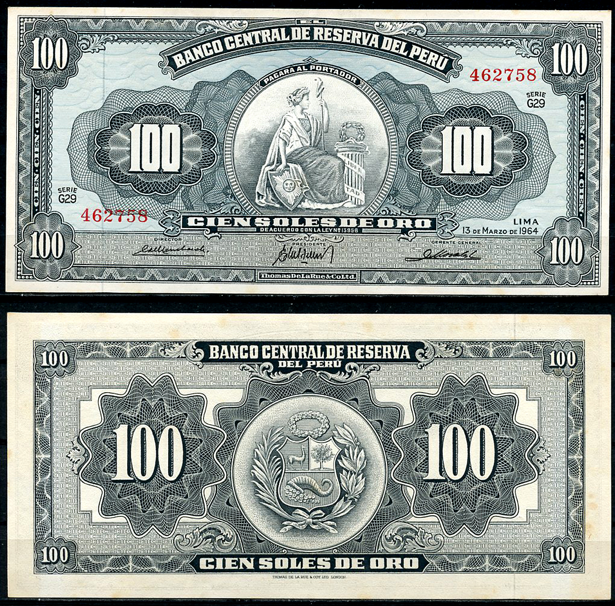 Перу 100 солей 1964 сидящая свобода, Thomas de la Rue Pick 86 a  бумага  аUNC  451-449-3