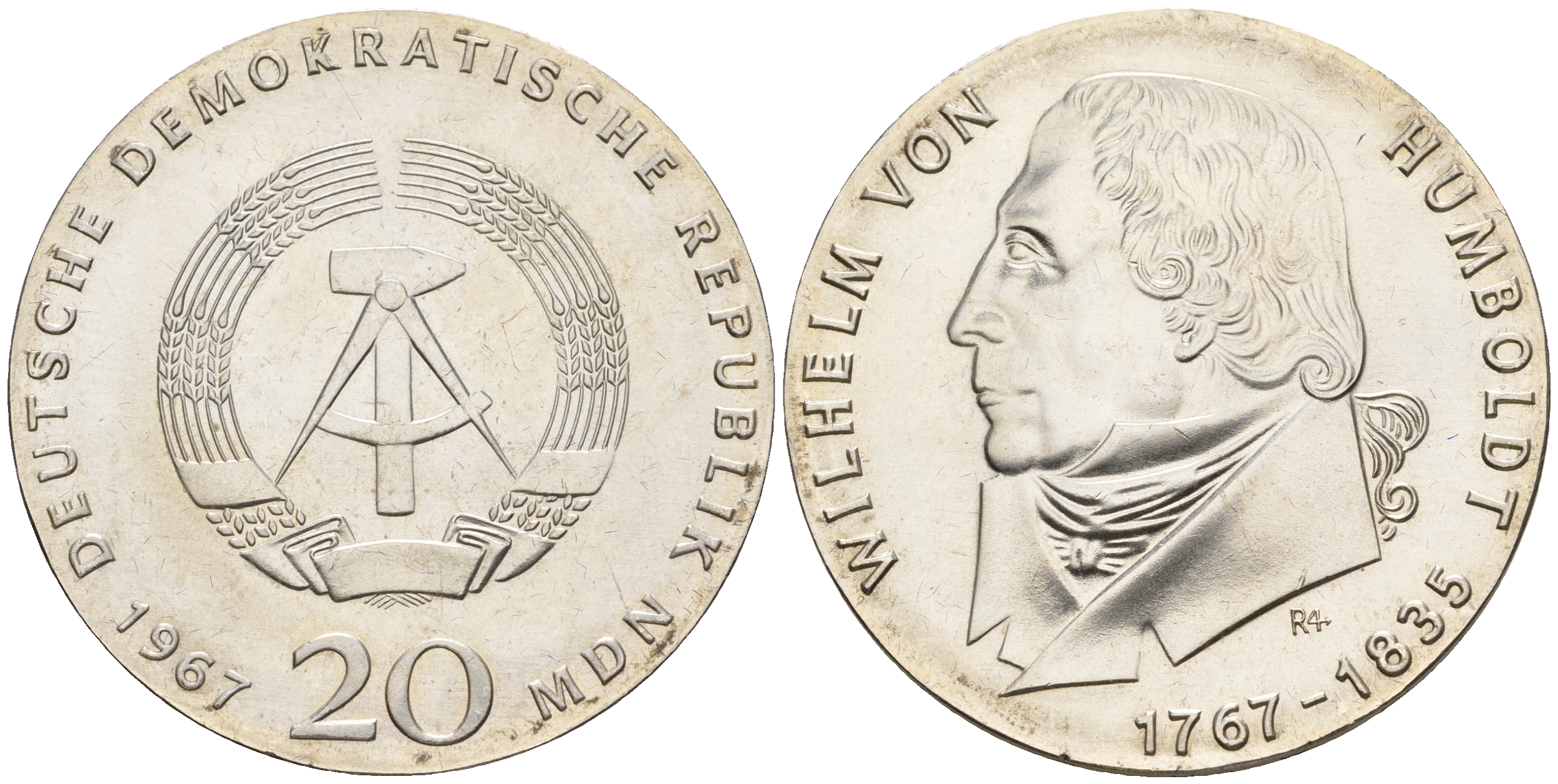 ГДР 20 марок 1967 A, 200 лет со дня рождения Вильгельма фон Гумбольдта, ошибочный гурт "20 MARK*20 MARK*20 MARK*20 MARK" KM 18.2, J. 1520F1 серебро UNC 00-820-52