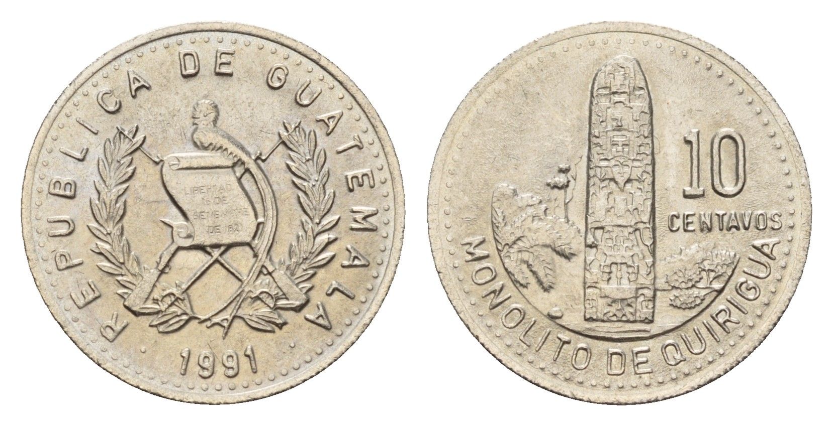 Гватемала 10 сентаво 1991 KM 277 медно-никель UNC 4649-311