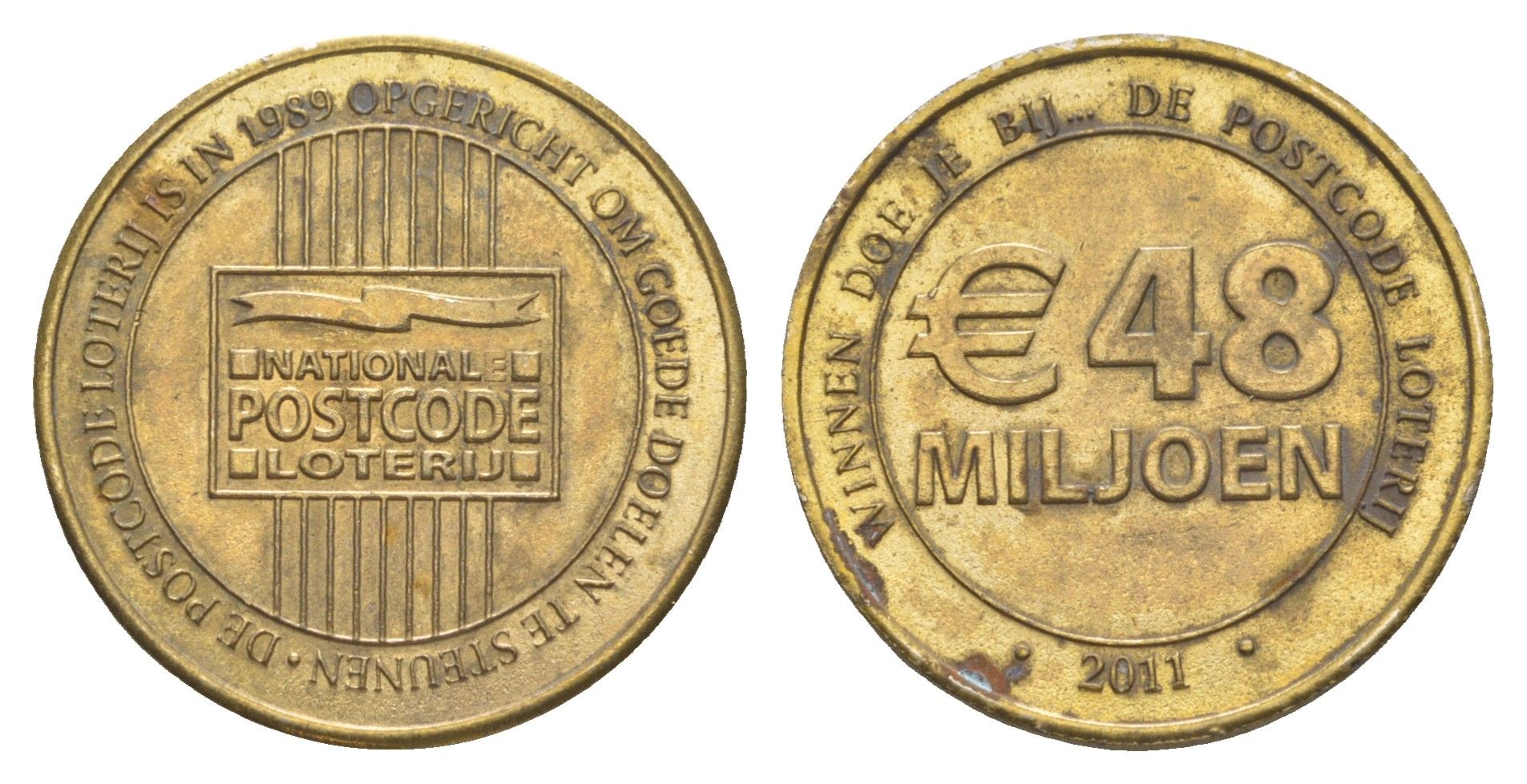 Нидерланды рекламный жетон - лотерея Nationale Postcode с выигрышем в 48 миллионов евро 2011 диаметр 25 мм, вес 5 гр латунь 4637-447