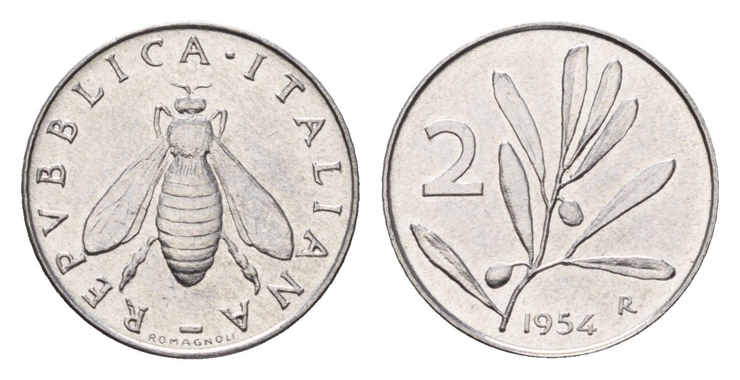 Италия 2 лиры 1954 R, оливковая ветвь, пчела KM 94 алюминий UNC 4649-925