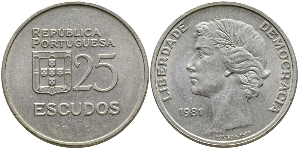 Португалия 25 эскудо 1981 KM 607а медно-никель 1524-834