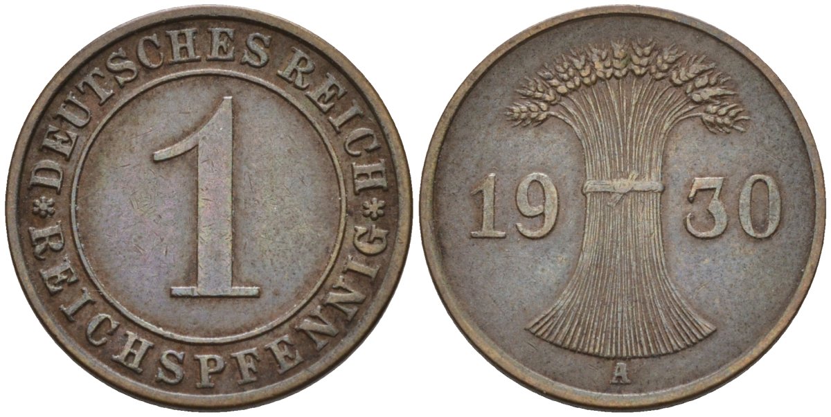 Германия 1 рейхспфенниг 1930 A KM 37, J.313, Weege 2 медь 4585-616