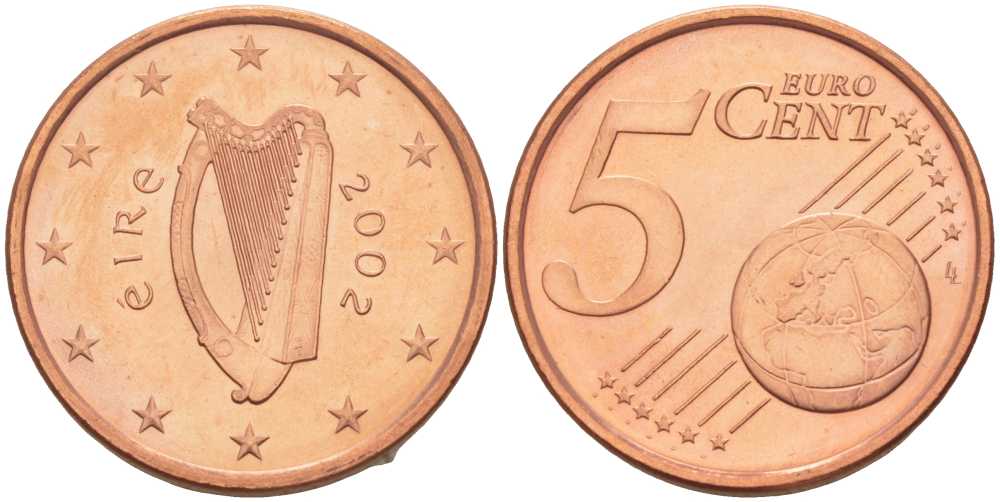 ИРЛАНДИЯ 5 ЕВРОЦЕНТОВ 2002 KM 34 сталь плакированная медью UNC 214-254