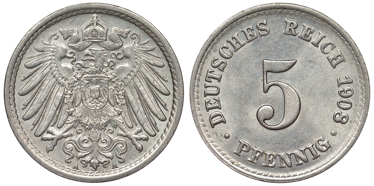 Германия 5 пфеннигов 1908 A KM 11, Jager 12, Weege 6 медно-никель UNC 71-1048