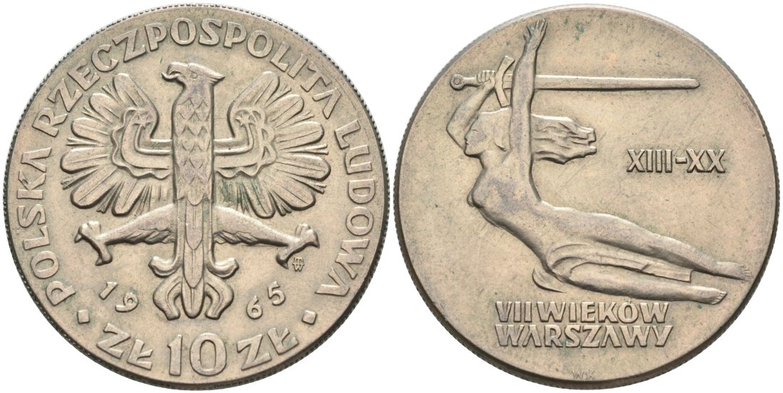 Польша 10 злотых 1965 700 лет Варшаве, богиня победы Ника с мечем KM 54 медно-никель 4572-415