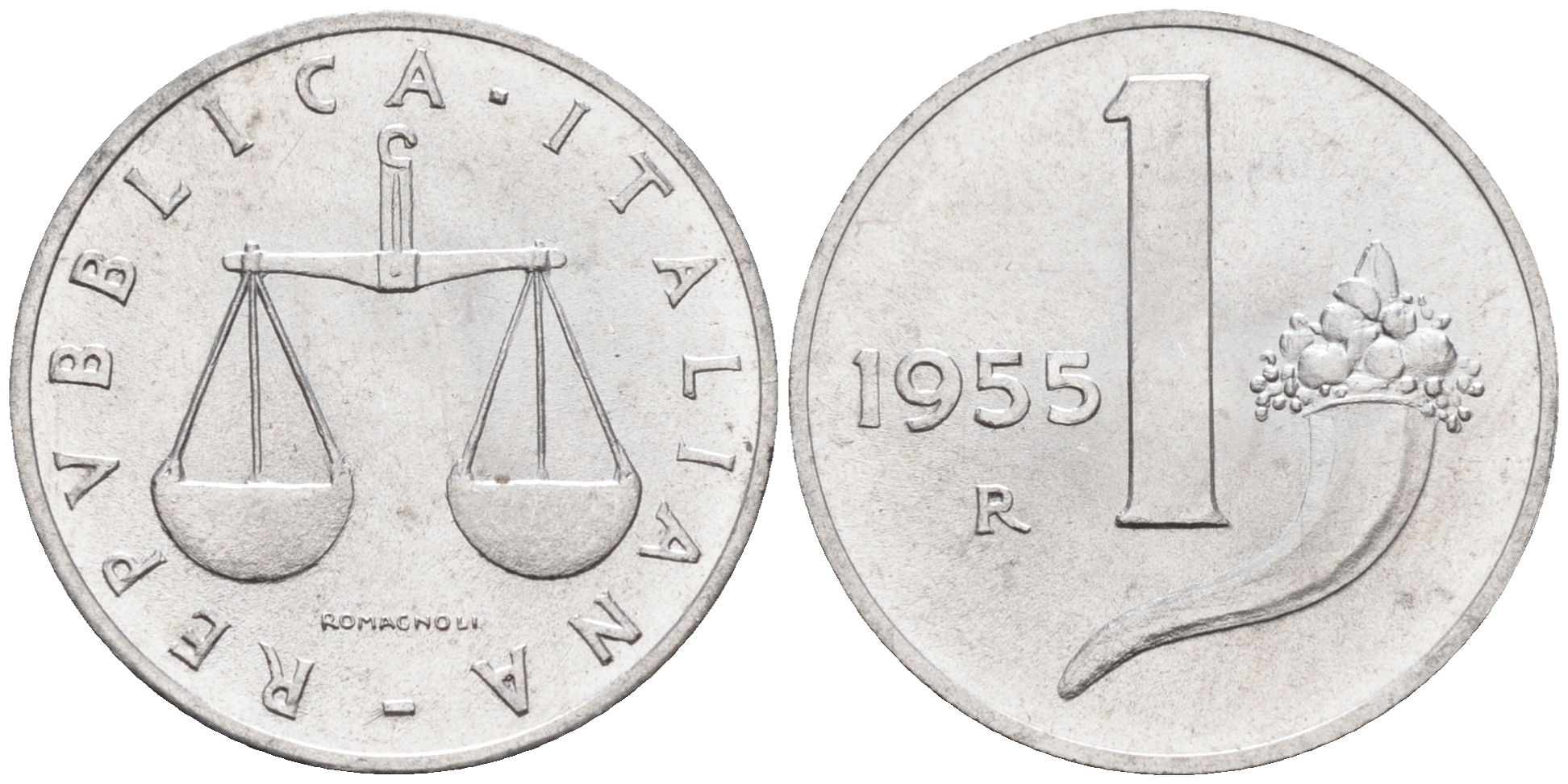 Италия 1 лира 1955 R, весы KM 91 алюминий  UNC  4594-743
