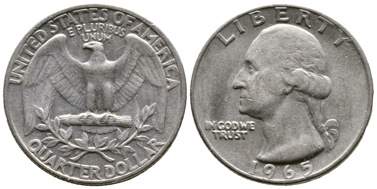 США 25 центов (квотер) 1965 Вашингтон KM 164а медь плакированная медно-никелем 4382-1242