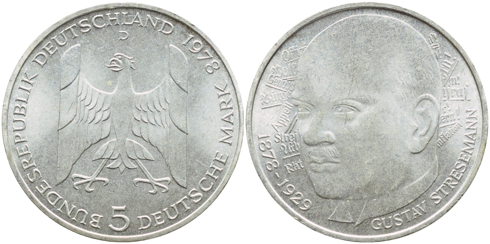 ФРГ 5 марок 1978 D, 200 лет со дня рождения Густава Штреземана J. 422, KM 147 серебро UNC 4394-114