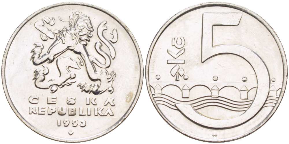 Чехия 5 крон 1993 чешский лев, Карлов мост KM 8 сталь плакированная никелем 4514-724