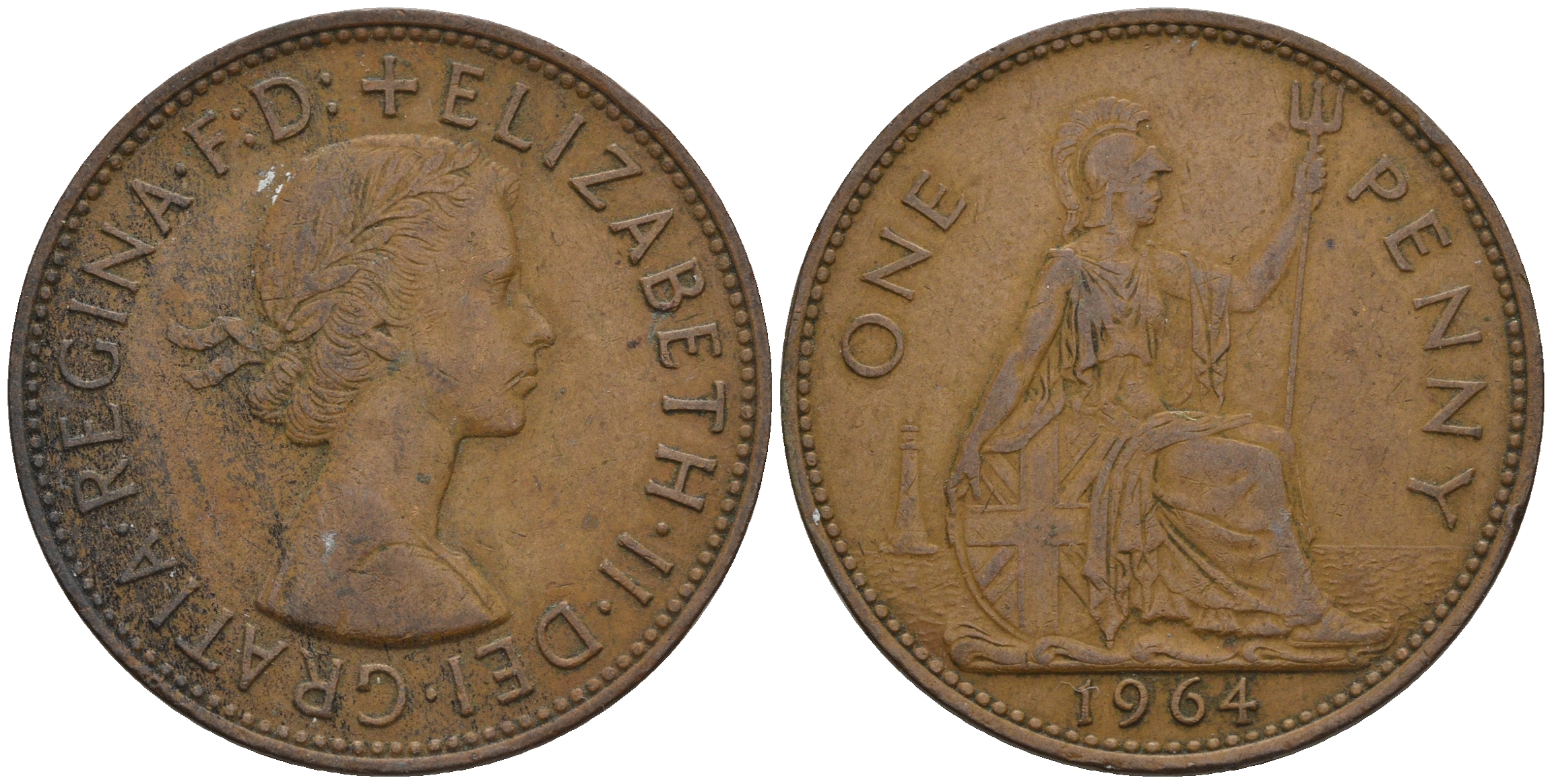 Великобритания 1 пенни 1964 Елизавета II (1952-2022) KM 897, Spink 4157 бронза 4607-1236