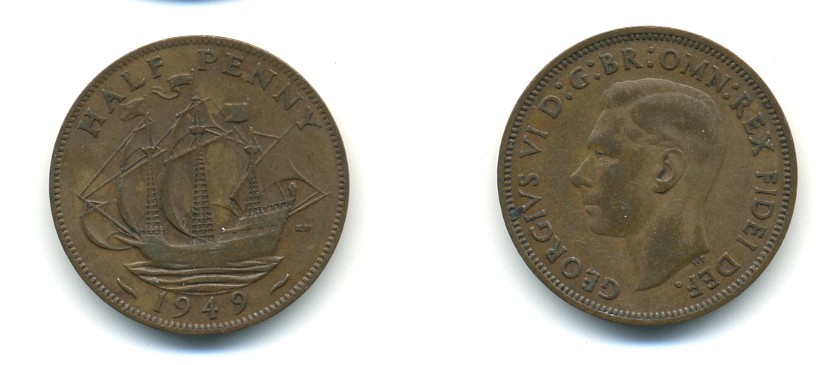 Великобритания 1/2 пенни 1949 Георг VI (1936-1952) KM 868, Spink 4118 бронза 80-1016
