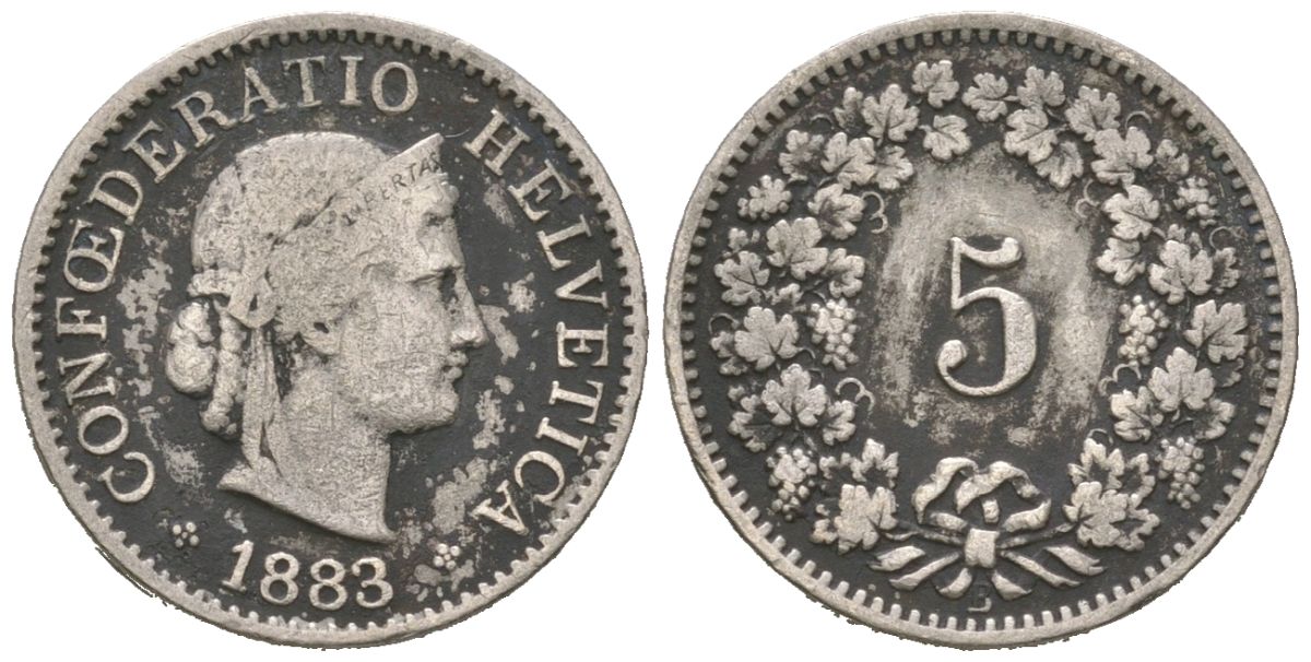 Швейцария 5 раппенов 1883 B KM 26 медно-никель 37-247