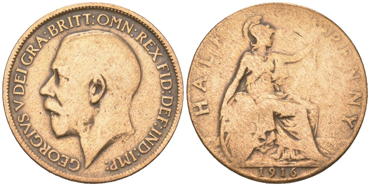 Великобритания 1/2 пенни 1916 Георг V (1910-1936) KM 809, Spink 4056 бронза 4616-732