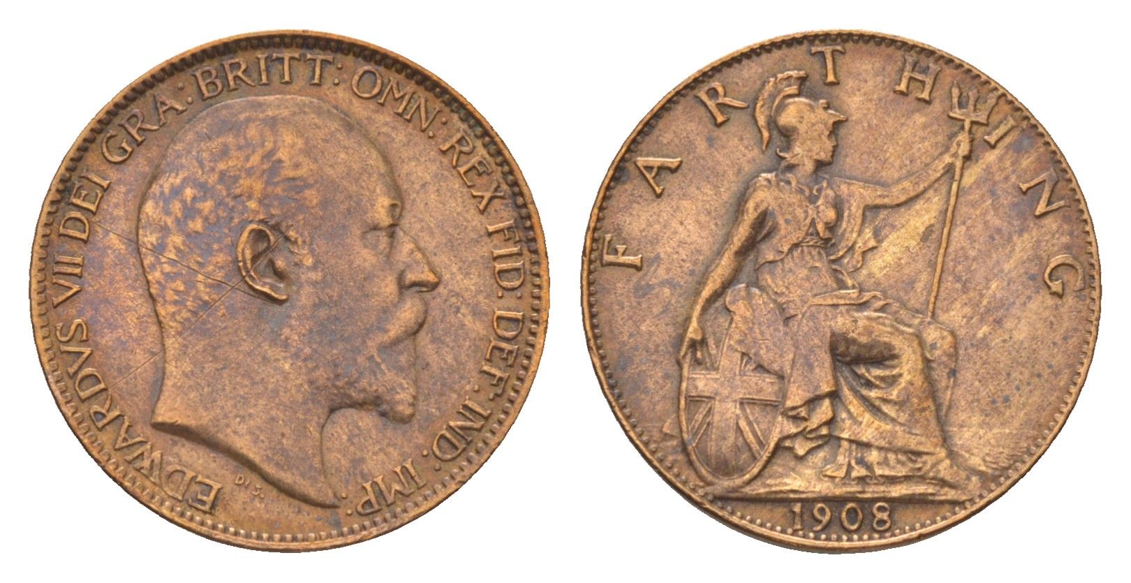 Великобритания 1 фартинг 1908 Эдуард VII (1901-1910) KM 792, Spink 3992 бронза 4623-1025