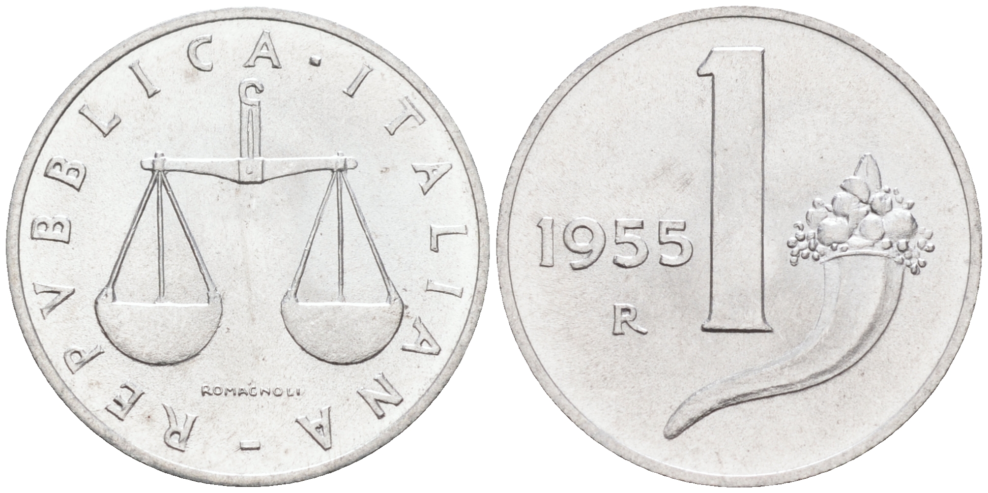 Италия 1 лира 1955 R, весы KM 91 алюминий  UNC  4594-152