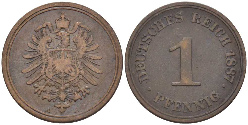 ГЕРМАНИЯ 1 ПФЕННИГ 1887 A, СТАРОГЕРБОВКА KM 1, J. 1, Weege 1 медь 206-1251