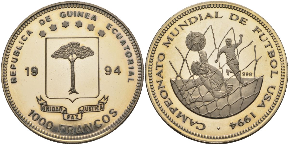 Экваториальная Гвинея 1000 франков 1994 чемпионат мира по футболу 1994 года в США, вратарь, мяч в воротах KM 132 медно-никель PROOF 11-327-45