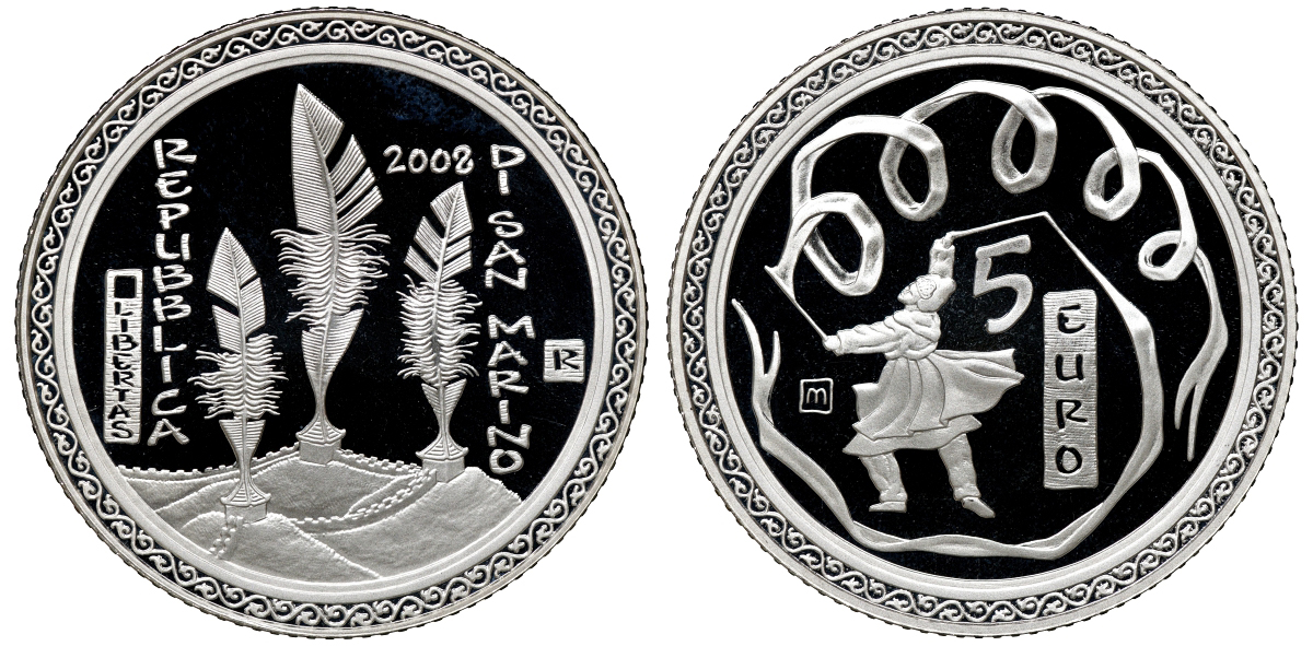 Сан-Марино 5 евро 2008 Олимпиада в Пекине, танец с лентами KM 513 серебро PROOF 4-3-2-05