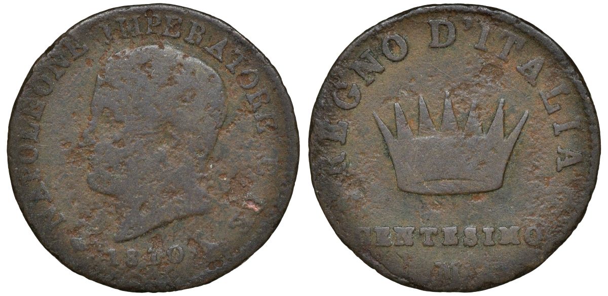 Италия, королевство Наполеон 1 чентезимо 1810 M, французское правление С 1.2 медь 4164-624