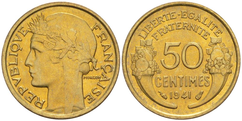 Франция 50 сантимов 1941 тип Морлон KM 894.1, Le Franc 192.18 алюминиевая бронза 44-362