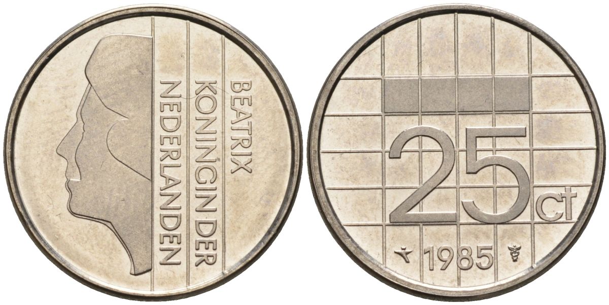Нидерланды 25 центов 1985 Беатрикс (1980-2013) KM 204 никель UNC 4588-863