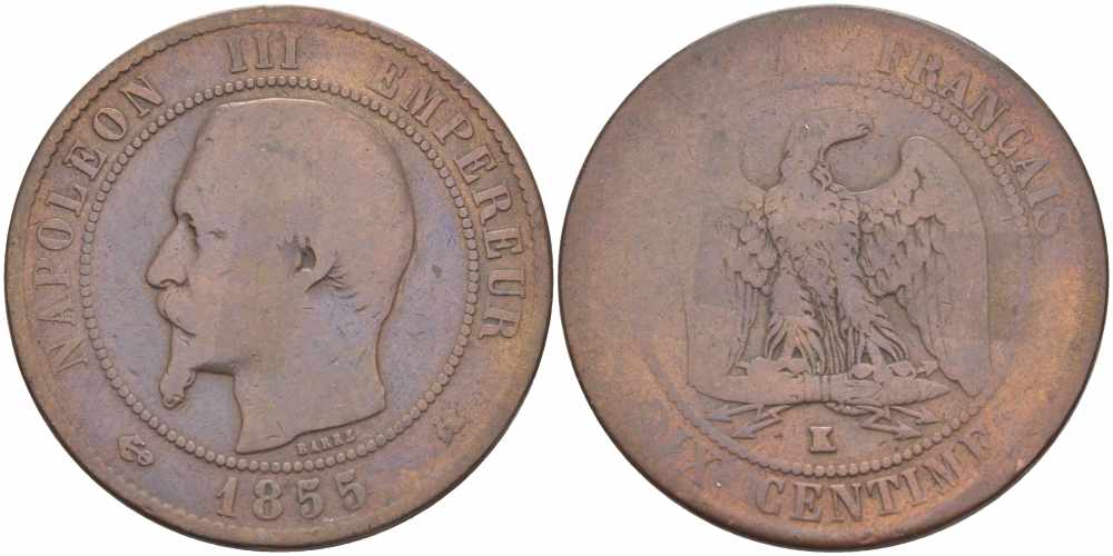 Франция 10 сантимов 1855 K, Наполеон III (1852-1870) KM 771.5, Le Franc 133.27 бронза    4680-514