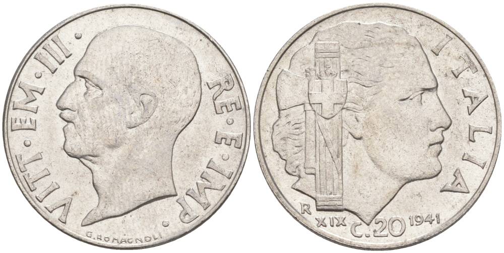 ИТАЛИЯ 20 ЧЕНТЕЗИМО 1941 R, ГОД XIX, ВИКТОР ЭММАНУИЛ III (1900-1946) KM 75b, VEM3. 1028 нержавеющая сталь 3853-744
