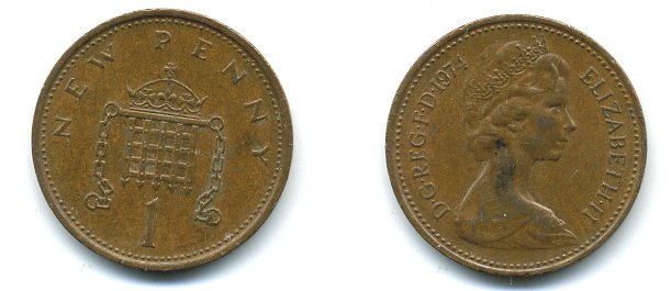 Великобритания 1 пенни 1974 Елизавета II (1952-2022) KM 915, Spink 4237 (B1) бронза 57-1221