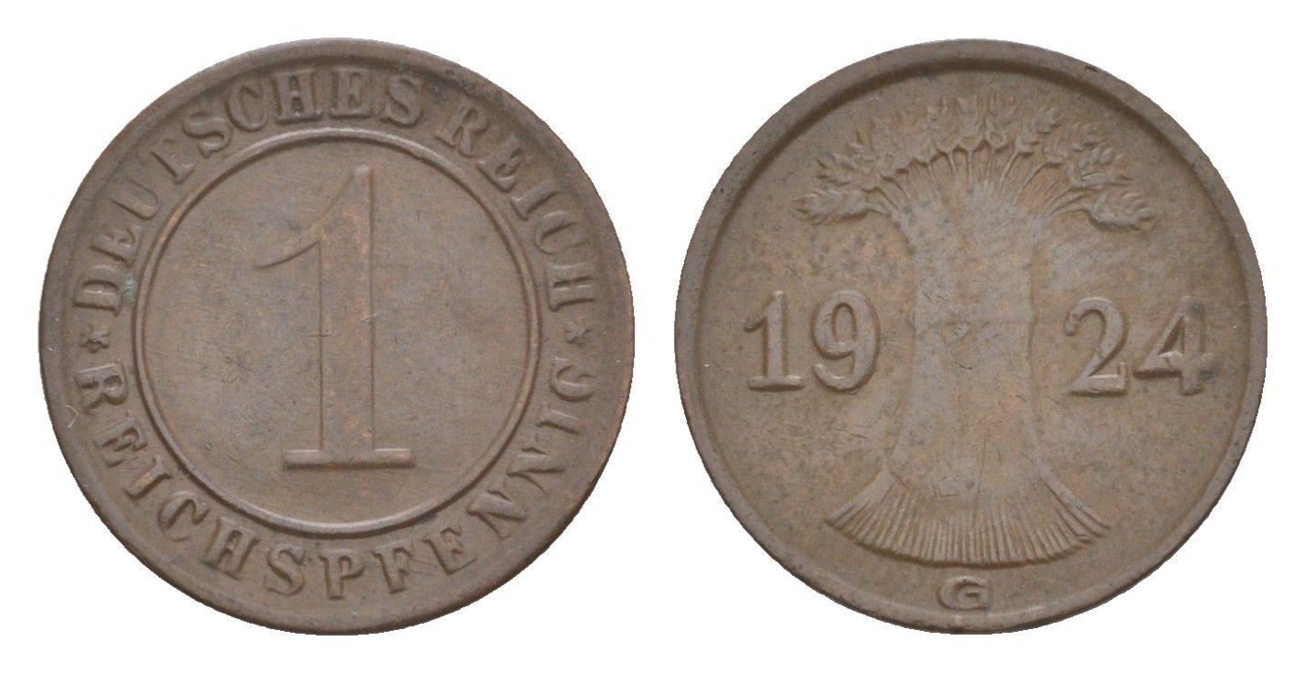 Германия 1 рейхспфенниг 1924 G KM 37, J. 313 бронза 4644-1031