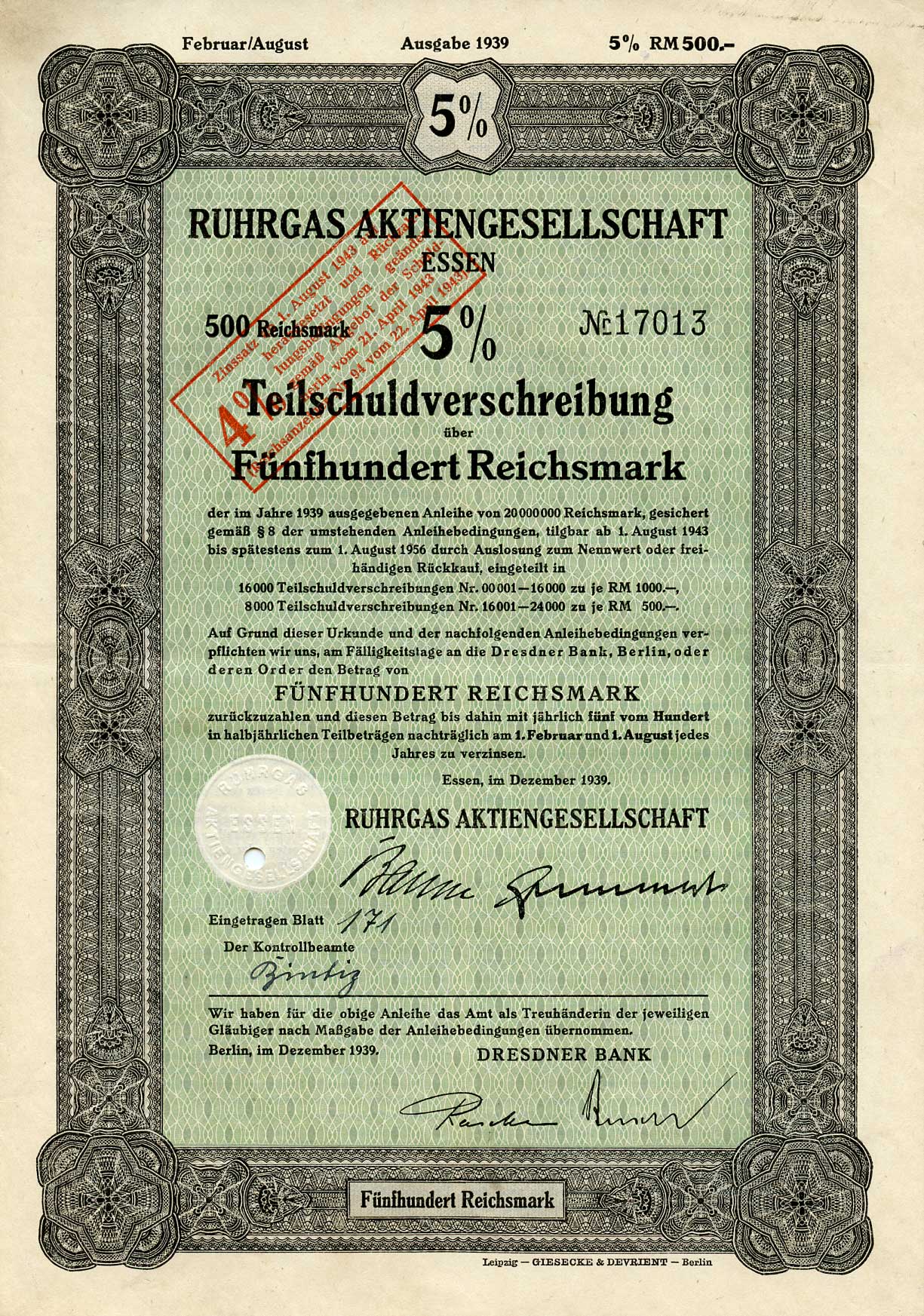 Германия 500 рейхсмарок 1939 Акционерное общество Рургас Эссен, 5% -ное частичное долговое обязательство с маркой конвертации под 4% -ную процентную ставку, облигация   бумага   8801-58-1