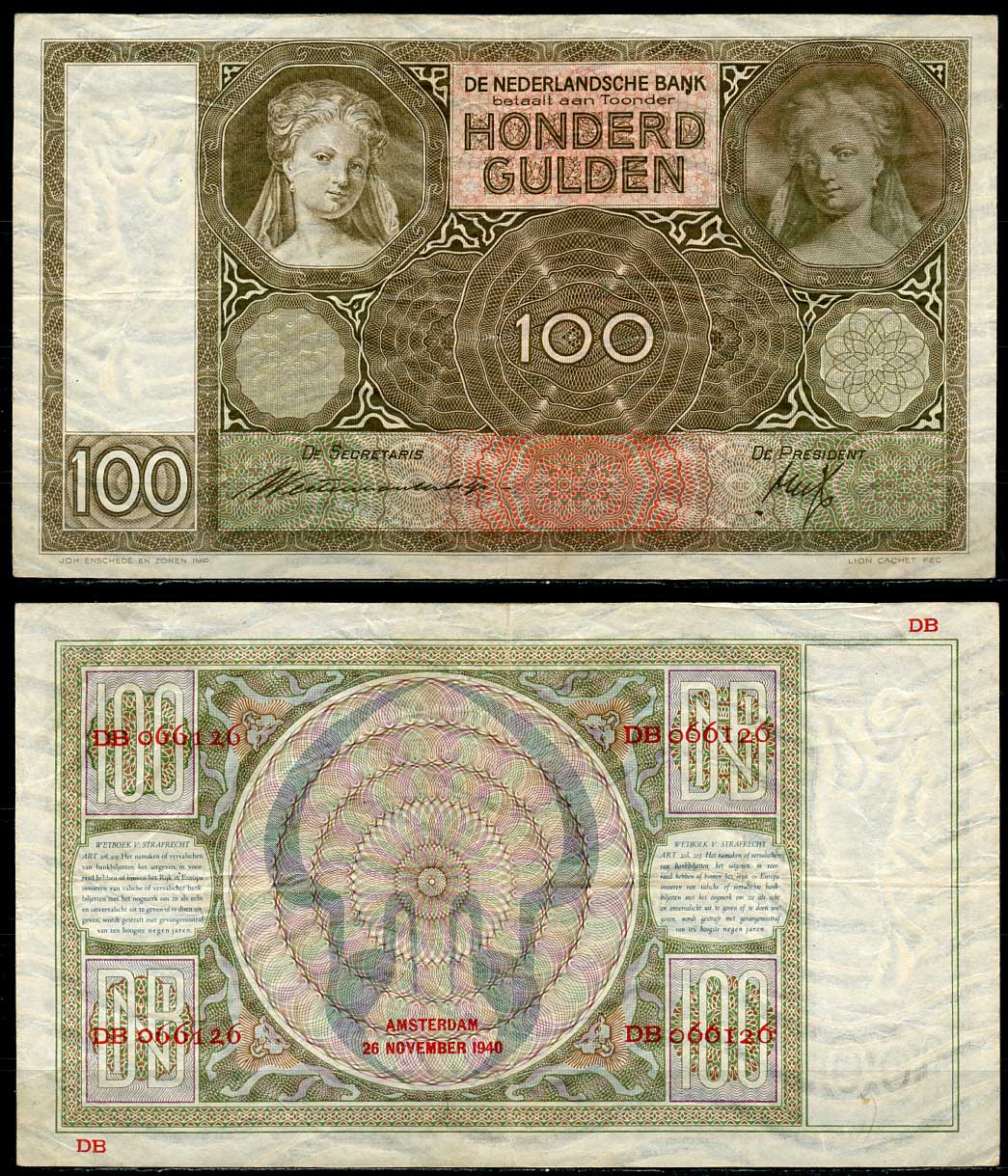 Нидерланды 100 гульденов 1940 Амстердам, 26 ноября 1940 Pick 51b бумага 451-25-1