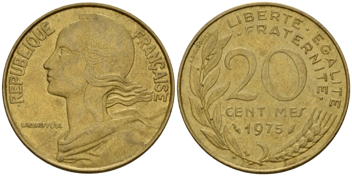 Франция 20 сантимов 1975 тип Marianne KM 930 алюминиевая бронза 4390-1253