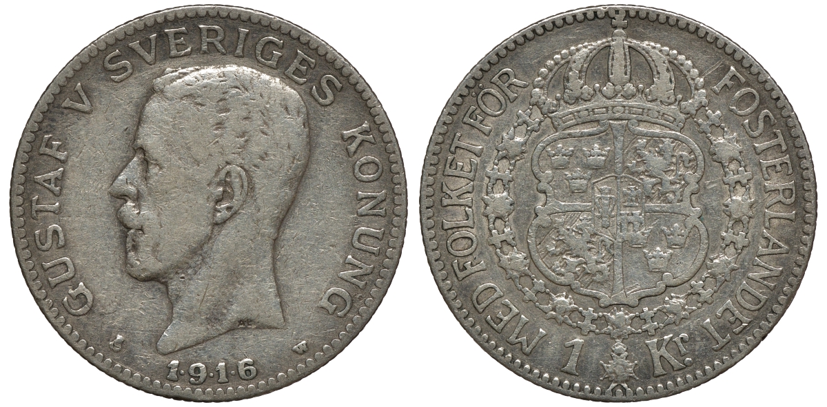 Швеция 1 крона 1916/5 W, Густав V (1907-1950) KM 786.1 серебро 4178-546