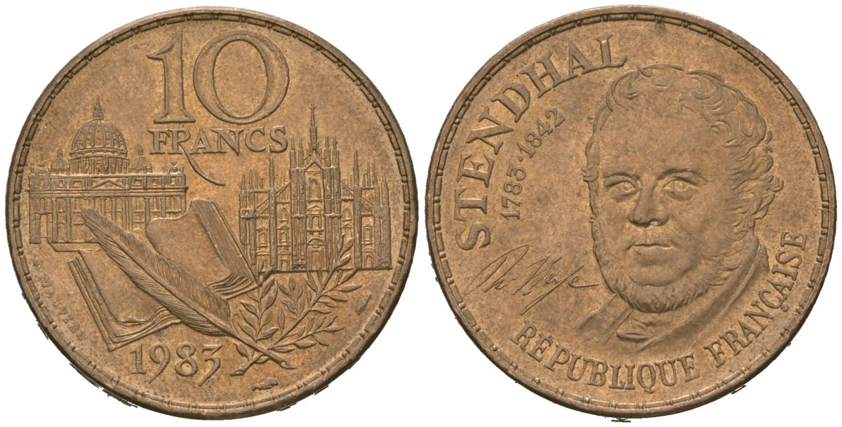 Франция 10 франков 1983 200 лет со дня рождения Стендаля KM 953 никель латунь aUNC 4619-725