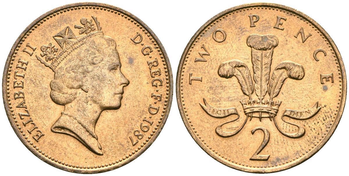 Великобритания 2 пенса 1987 Елизавета II (1952-2022) KM 936, Spink 4376 (C3) бронза 4607-746