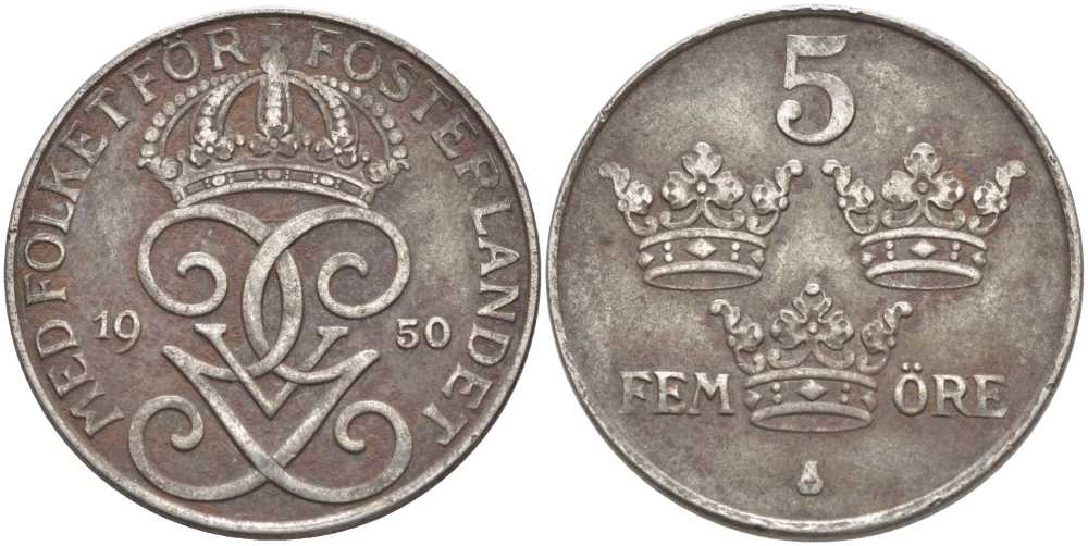 Швеция 5 эре 1950 Густав V (1907-1950) KM 812 железо 115-923